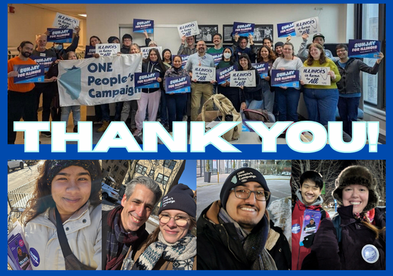 thank you with volunteers in the background